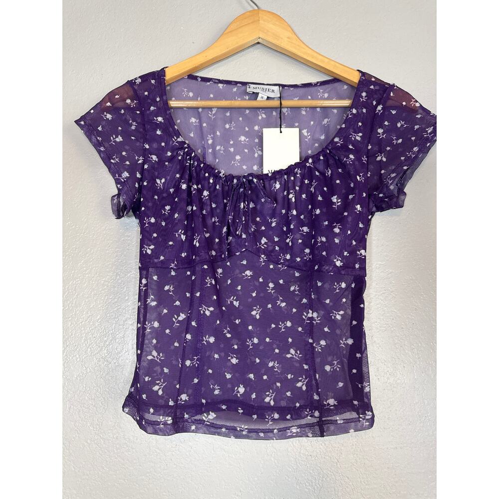 NEW Musier Paris Sheer Mesh Babydoll Top Floral Purple Cropped Small 36 Size 4